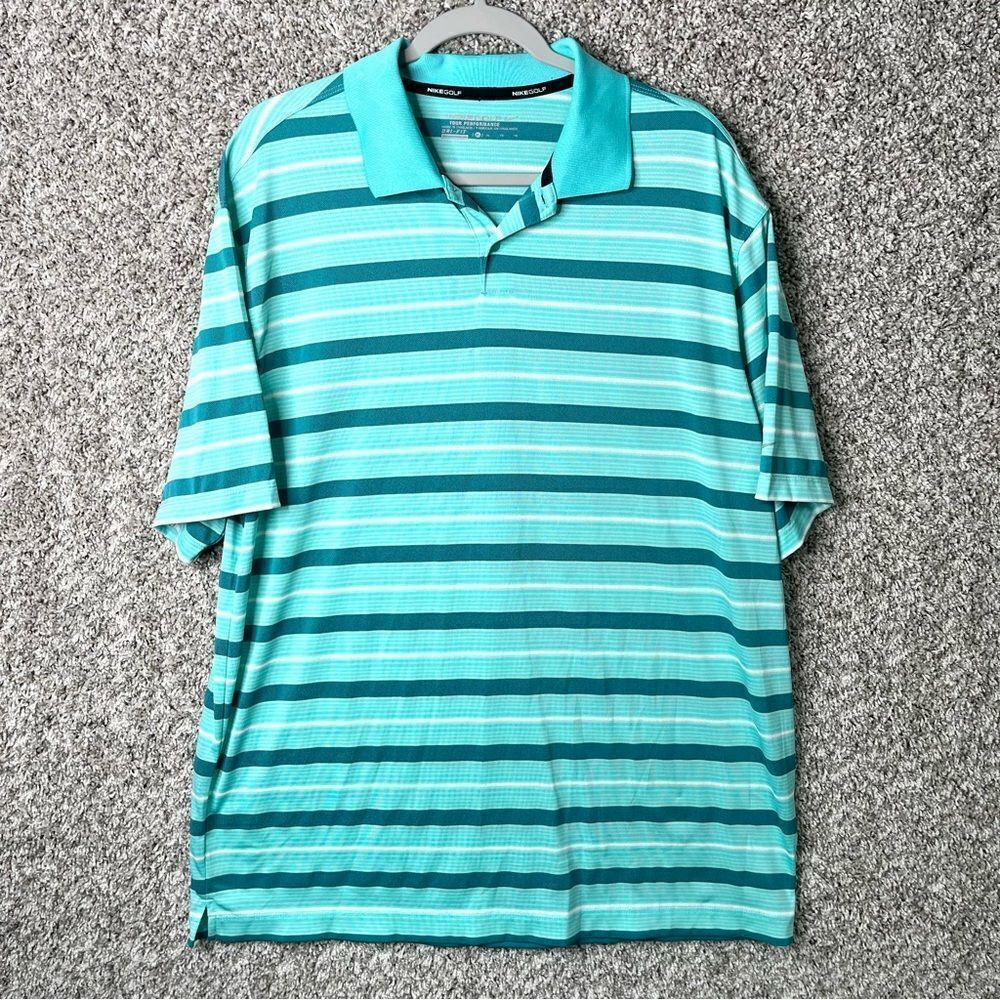 Nike Polo Shirt Men’s XL Golf Dri-Fit Tour Performance Teal Striped Short Sleeve